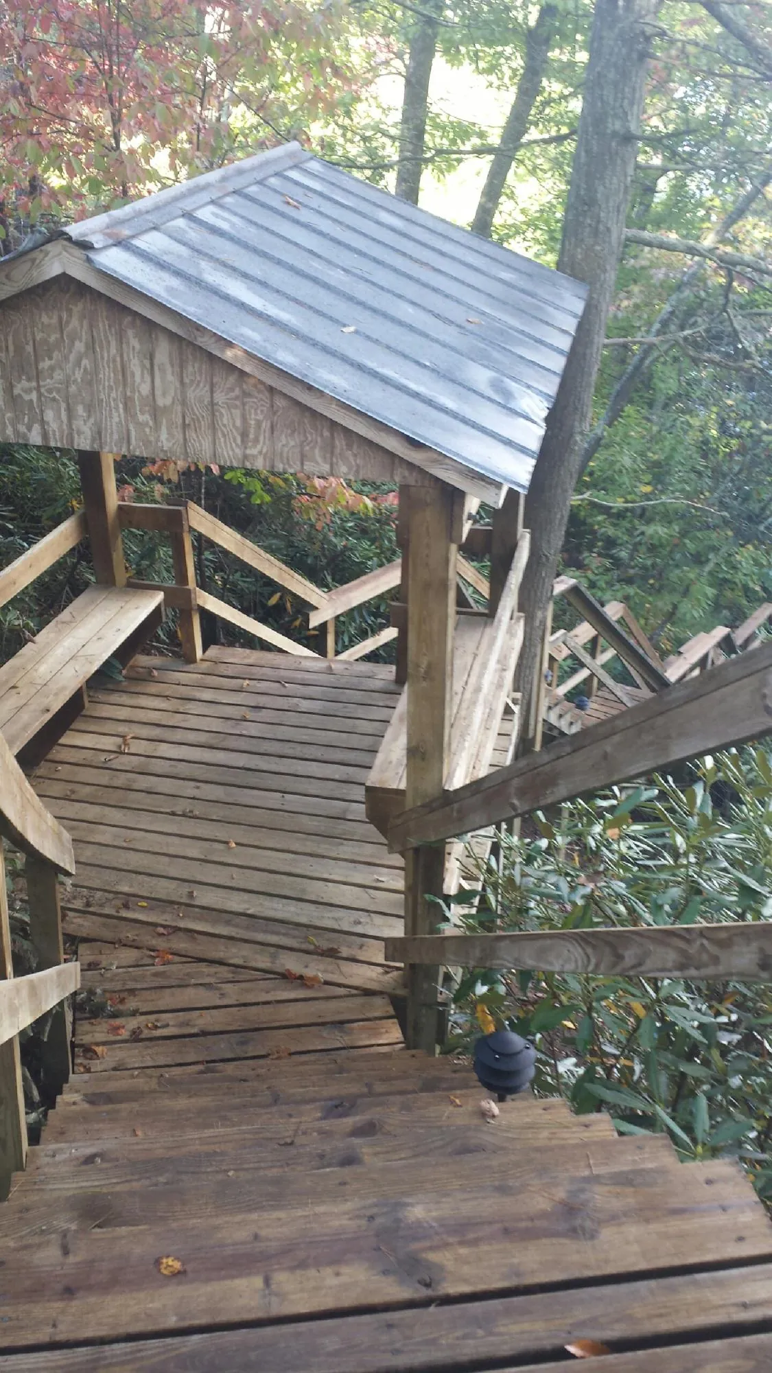 Metal roofed shelter over wooden steps on a wooded walkway — Skylight Repair & Installation work by our crew in Seabrook